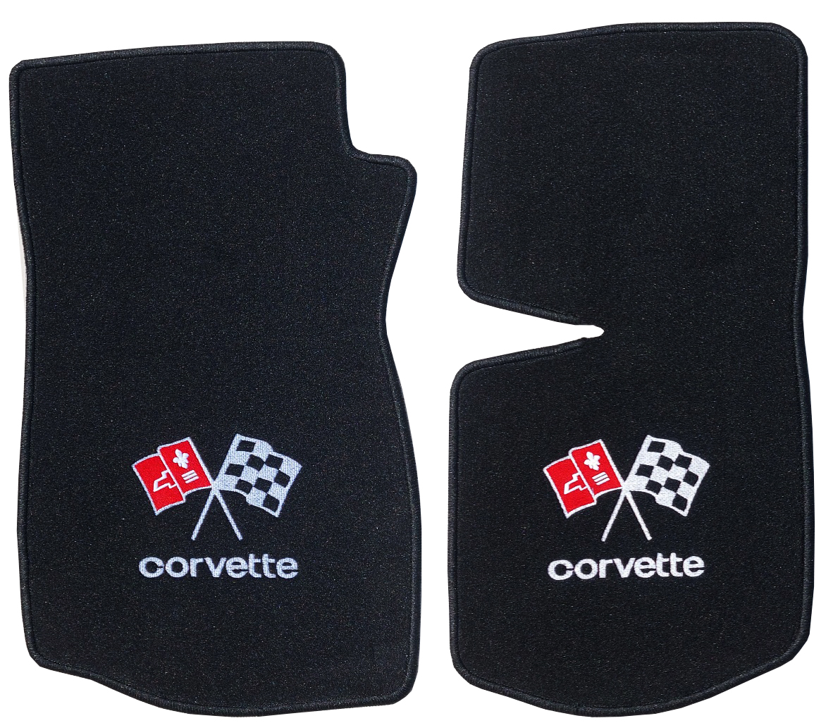 Zwei bestickte schwarze Velours Fussmatten für Chevrolet Corvette c3 mit Schaltgetriebe und Stick Corvette.